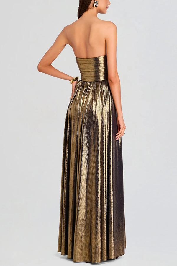 Cardydony Women's Goddess Temperament Metallic Pleated Fabric Off Shoulder Slit Maxi Dress