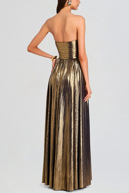 Cardydony Women's Goddess Temperament Metallic Pleated Fabric Off Shoulder Slit Maxi Dress