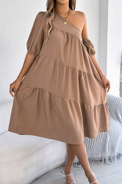 Cardydony Women's Solid Color Loose Slash Neck Short-sleeved Casual Midi Dress