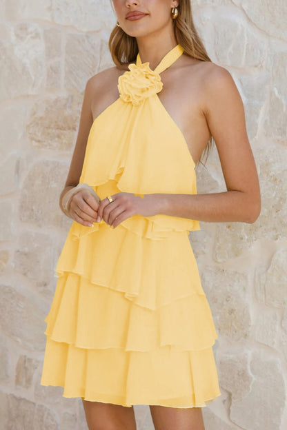 Cardydony Women's Solid Color Chiffon Halter Neck Backless Layered Ruffle Mini Dress