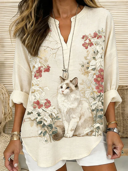Cardydony Women's Japanese-style Floral And Cat Pattern Linen Blend T-shirt
