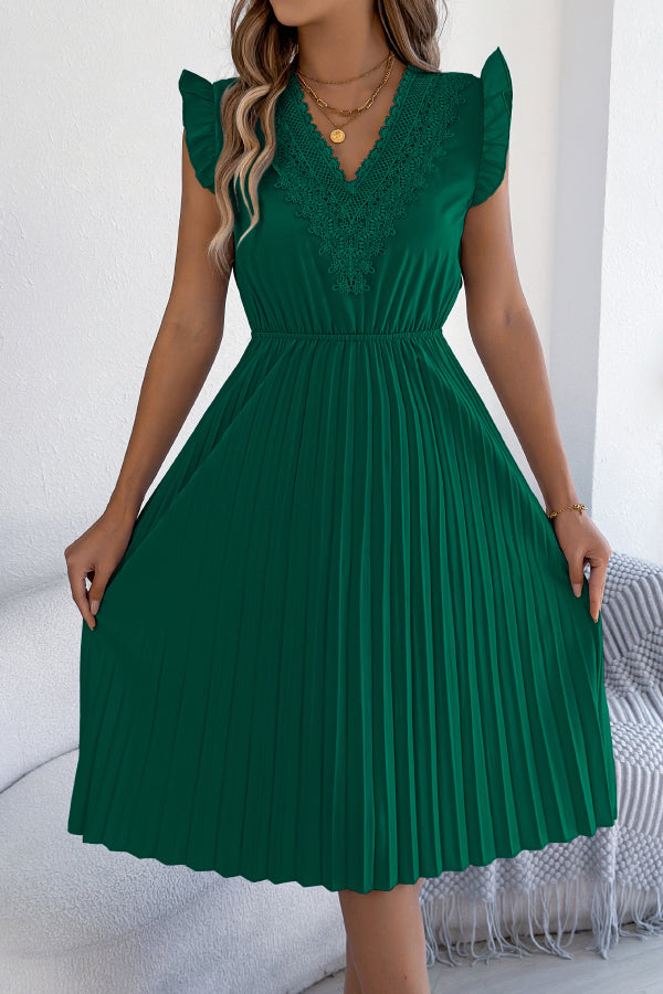 Cardydony Women's Solid Color V-neck Lace-trimmed Sleeveless Casual Pleated Midi Dress