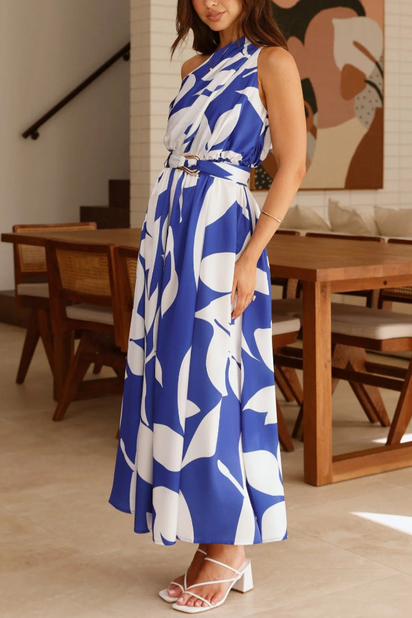Cardydony Women's Unique Printed One-Shoulder Belt Casual Holiday Maxi Dress
