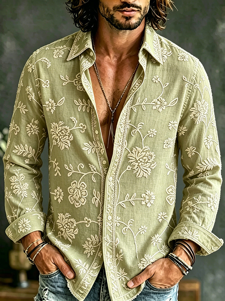 Cardydony Men's Floral Embroidered Casual Cotton Linen Long-sleeved Shirt