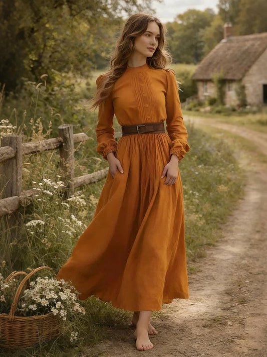 Cardydony Vintage Elegant Pure Color Linen Tunic Maxi Dress