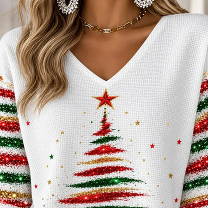 Cardydony Women's Festive Christmas Tree Glitter Print Relaxed Fit V-neck Three Quarter Sleeve T-shirt