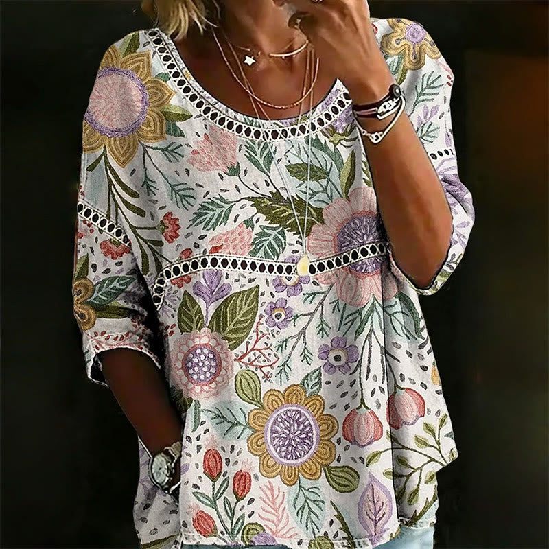 Cardydony Women's Retro Floral Art Print Cotton Linen Casual T-shirt