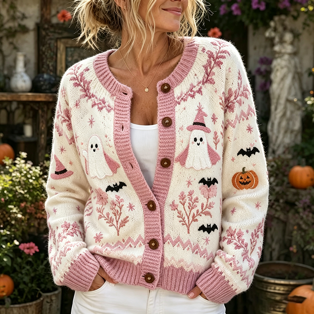 Cardydony Women's Pink Halloween Pumpkin Bat Ghost Floral Print Crew Neck Cardigan