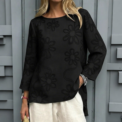 Cardydony Women's Vintage Flower Embroidery Cotton Linen Shirt