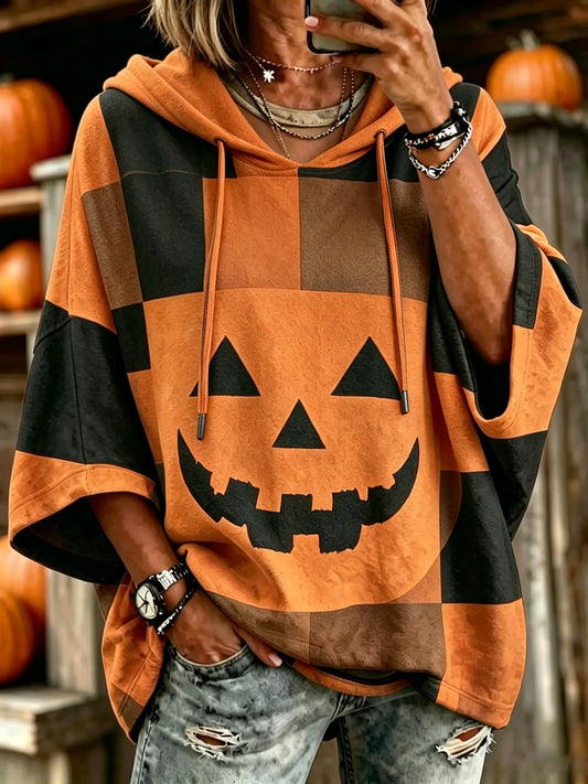 Cardydony Women's Vintage Patchwork Halloween Pumpkin Face Art Printed Hooded Sweatshirt