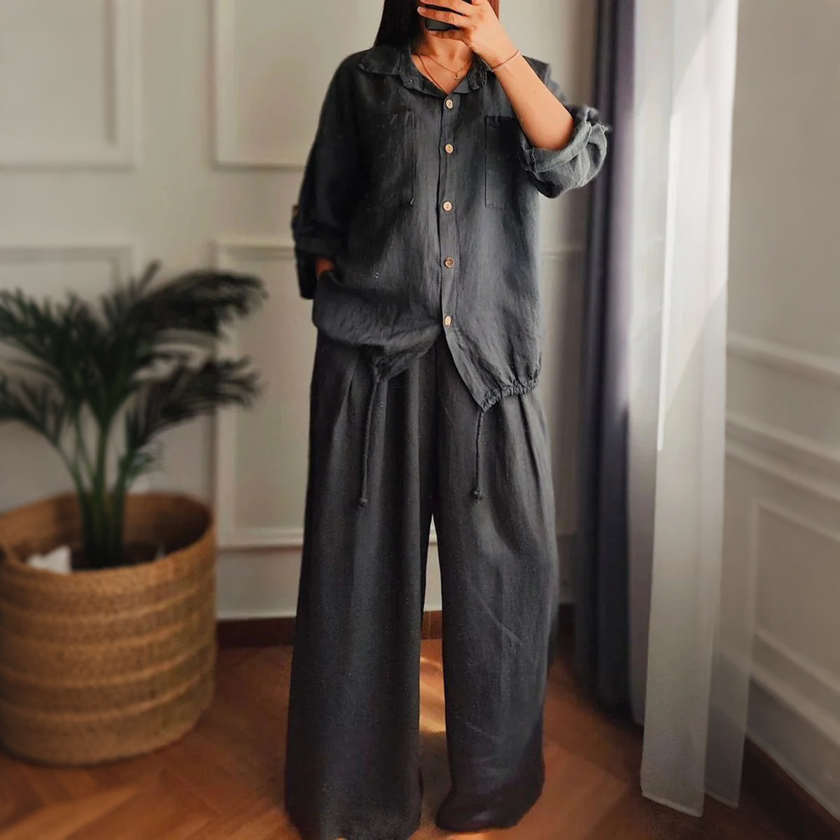 Cardydony Casual Loose Linen Solid Color Shirt Wide-leg Pants Two-piece Set