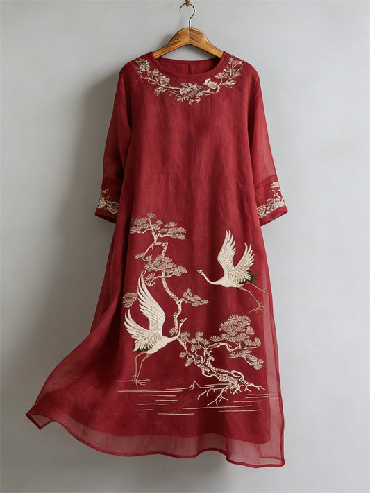 Cardydony Japanese Cranes & Pine Trees Floral Flowy Linen Maxi Dress