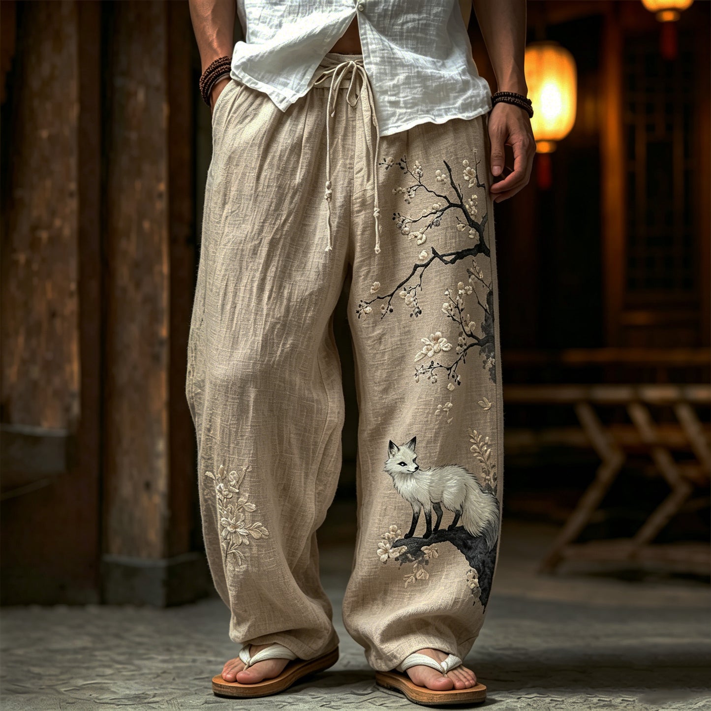 Cardydony Men's Retro Japanese Floral And Fox Print Cotton Linen Comfortable Casual Trousers