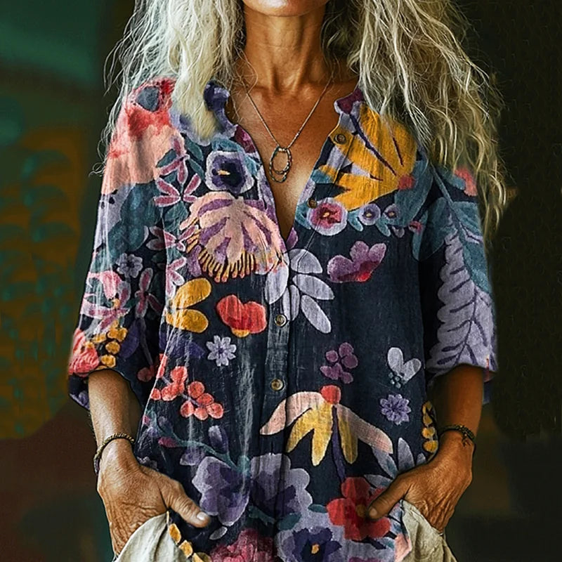 Cardydony Women's Vintage Bohemian Floral Print Casual Shirt