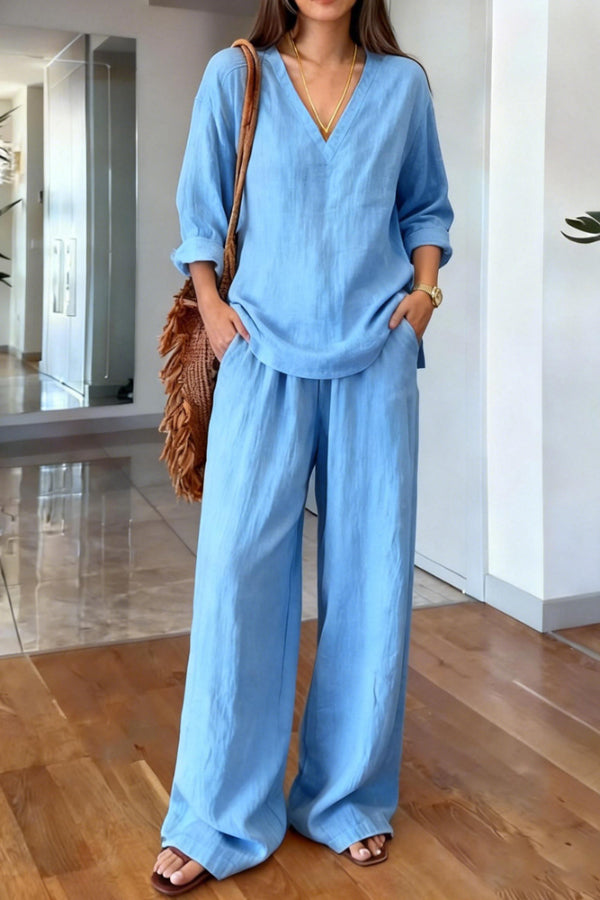 Cardydony Women's Linen Blend V-neck Long-sleeved Loose Top and Elastic Waist Casual Pocket Pants Set