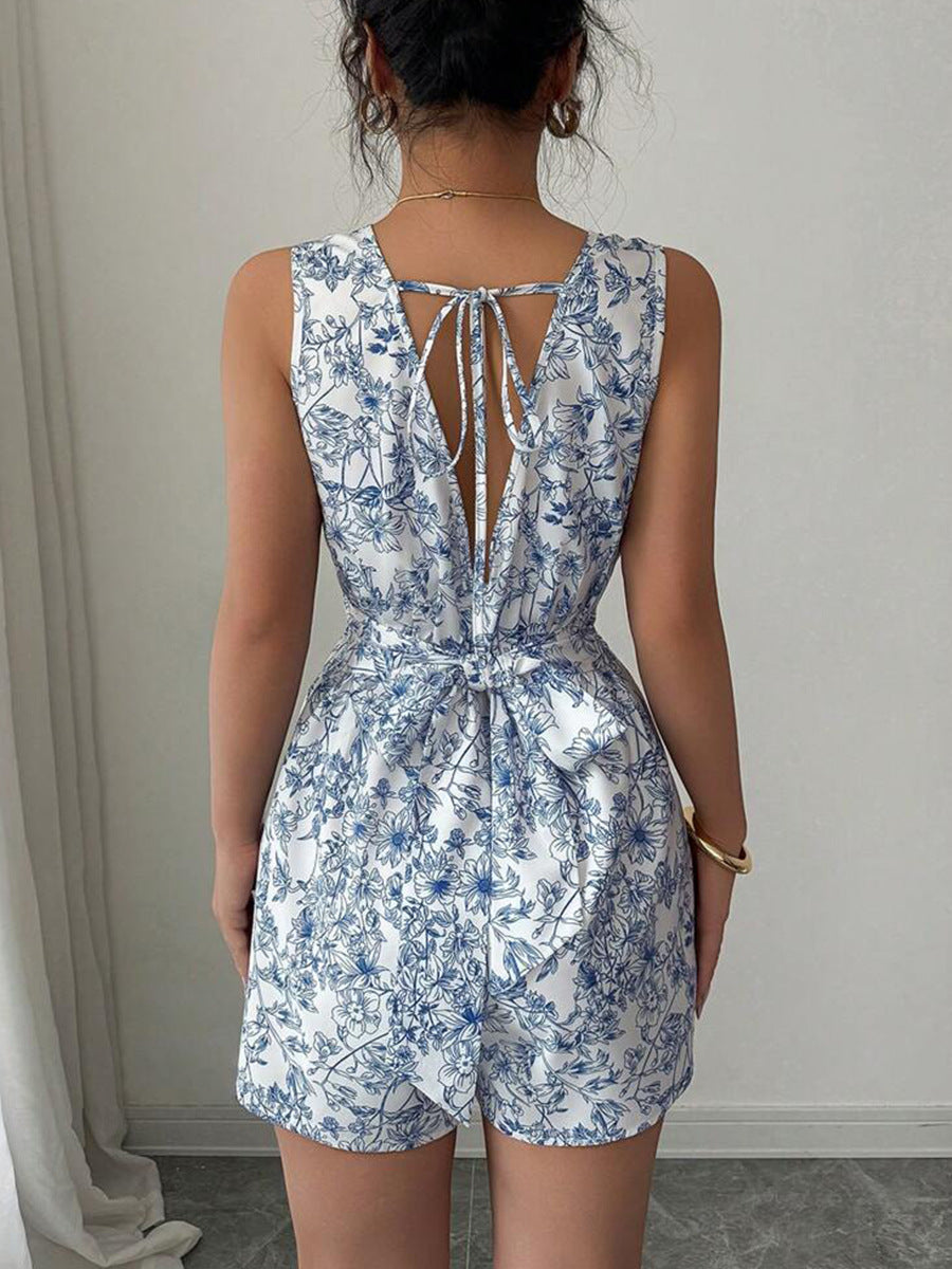 Cardydony Women's Blue Floral Romper with Belt | Sleeveless Summer Romper for Women