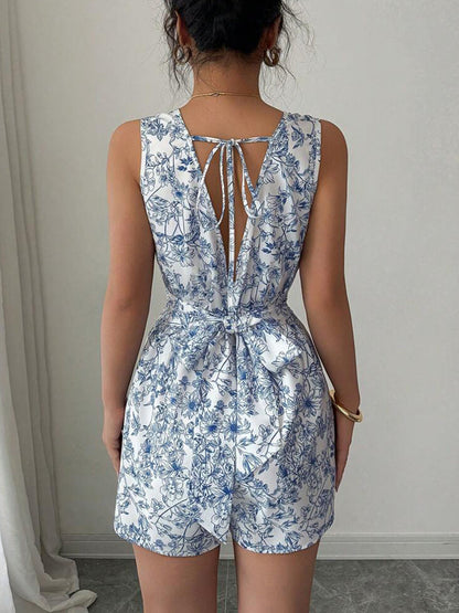 Cardydony Women's Blue Floral Romper with Belt | Sleeveless Summer Romper for Women