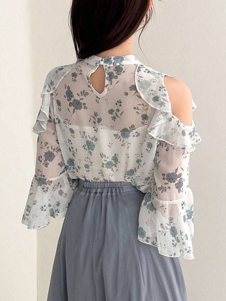 Cardydony Women's Floral Cold Shoulder Chiffon Blouse with Ruffle Sleeves – Summer Top
