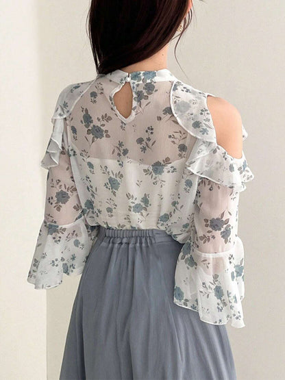 Cardydony Women's Floral Cold Shoulder Chiffon Blouse with Ruffle Sleeves – Summer Top