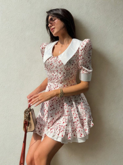 Cardydony Women's Red Floral Puff Sleeve Mini Dress with Doll Collar – Vintage Summer A-Line Dress