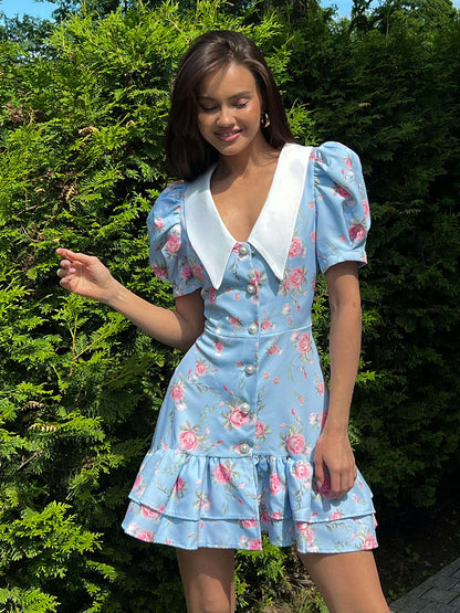 Cardydony Women's Floral Puff Sleeve Mini Dress | V-Collar Button Front with Tiered Hem Skirt