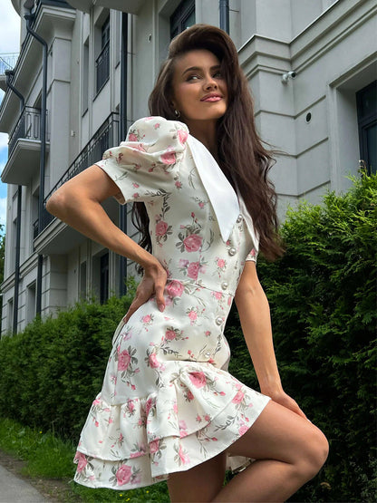 Cardydony Women's Floral Puff Sleeve Mini Dress | V-Collar Button Front with Tiered Hem Skirt