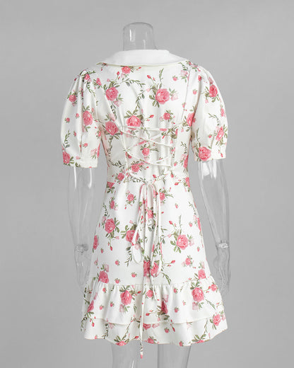 Cardydony Women's Floral Puff Sleeve Mini Dress | V-Collar Button Front with Tiered Hem Skirt