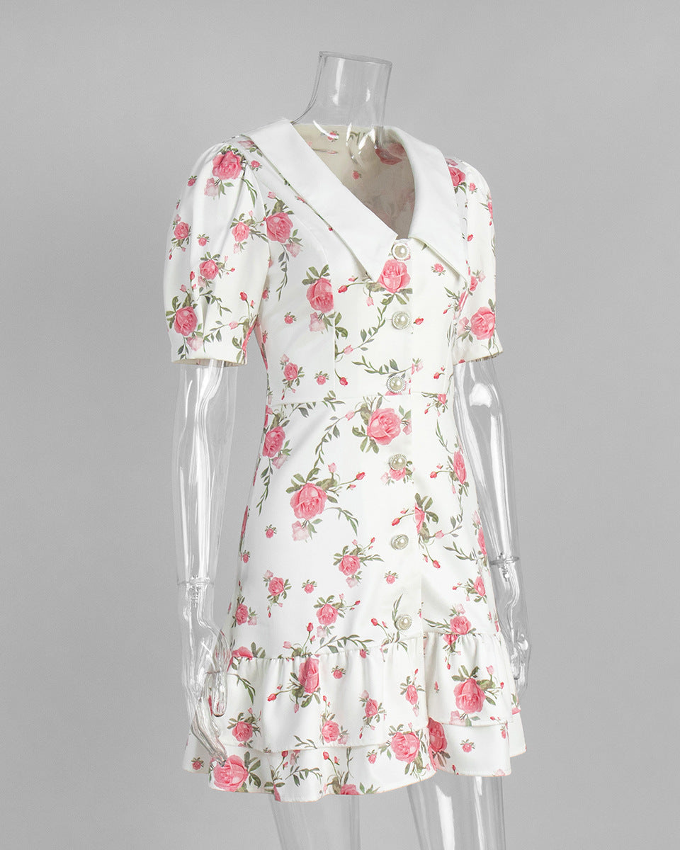 Cardydony Women's Floral Puff Sleeve Mini Dress | V-Collar Button Front with Tiered Hem Skirt