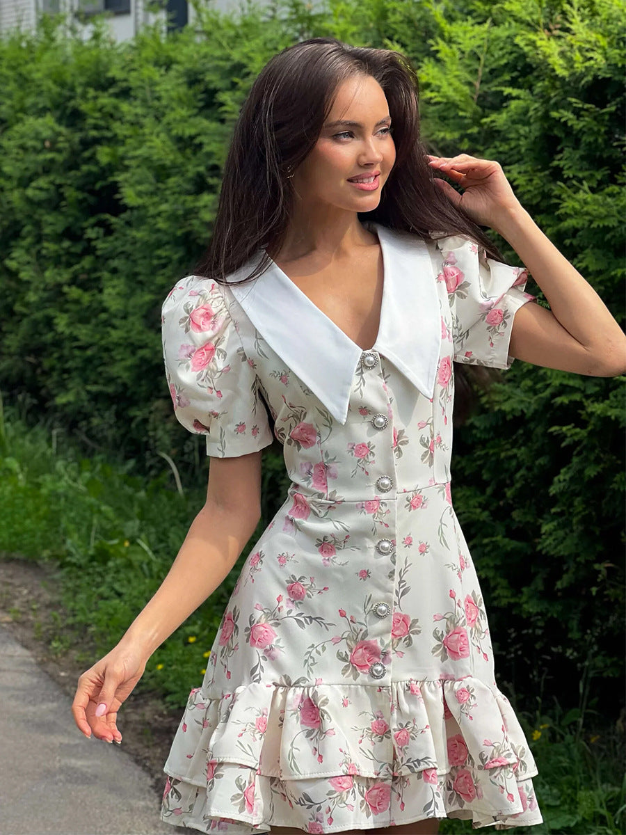 Cardydony Women's Floral Puff Sleeve Mini Dress | V-Collar Button Front with Tiered Hem Skirt