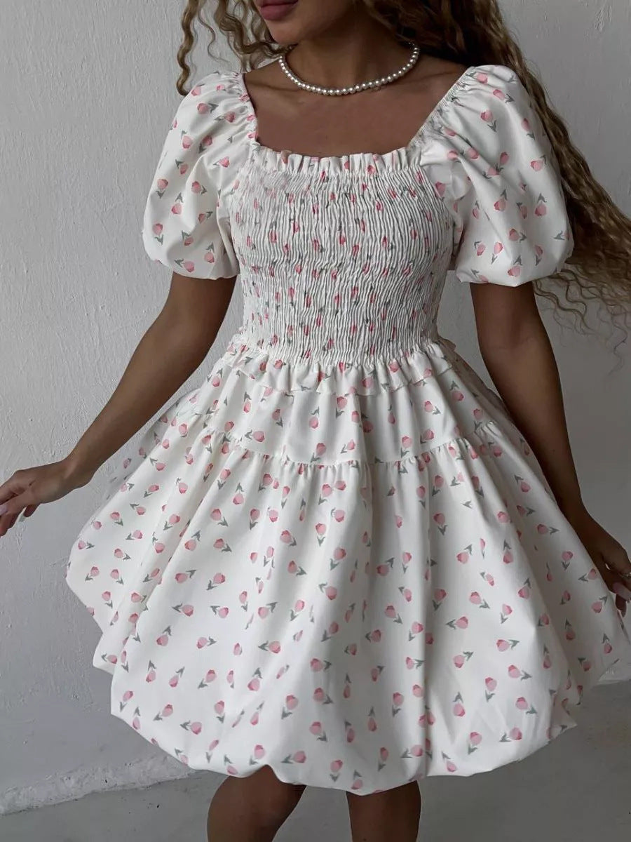 Cardydony Women's Floral Smocked Mini Dress – Puff Sleeve Short White Dress with Sweet Aesthetic