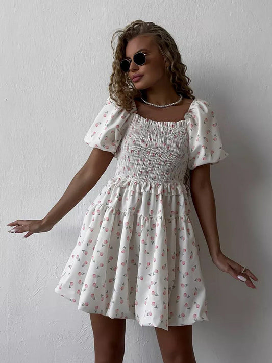 Cardydony Women's Floral Smocked Mini Dress – Puff Sleeve Short White Dress with Sweet Aesthetic