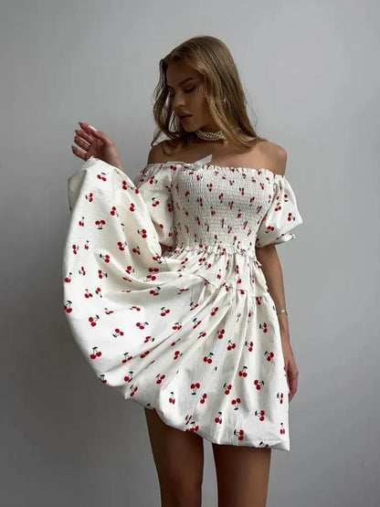 Cardydony Women's Floral Smocked Mini Dress – Puff Sleeve Short White Dress with Sweet Aesthetic