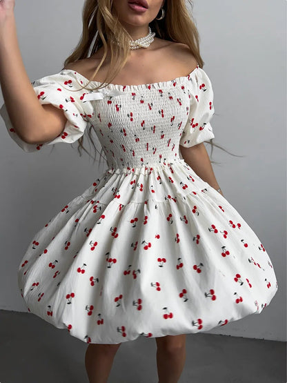 Cardydony Women's Floral Smocked Mini Dress – Puff Sleeve Short White Dress with Sweet Aesthetic