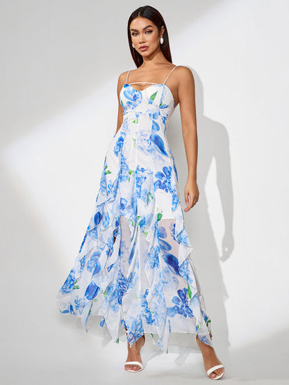 Cardydony Women's Floral Spaghetti Strap Slit Dress with Sweetheart Neck – Ruffle Hem Midi
