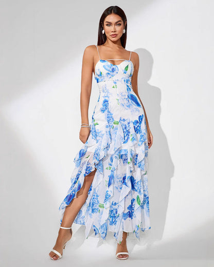 Cardydony Women's Floral Spaghetti Strap Slit Dress with Sweetheart Neck – Ruffle Hem Midi