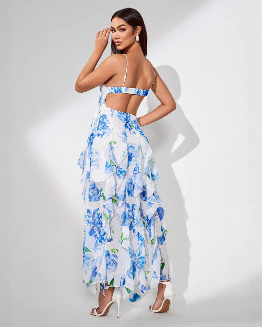 Cardydony Women's Floral Spaghetti Strap Slit Dress with Sweetheart Neck – Ruffle Hem Midi