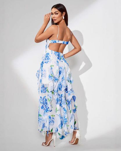 Cardydony Women's Floral Spaghetti Strap Slit Dress with Sweetheart Neck – Ruffle Hem Midi