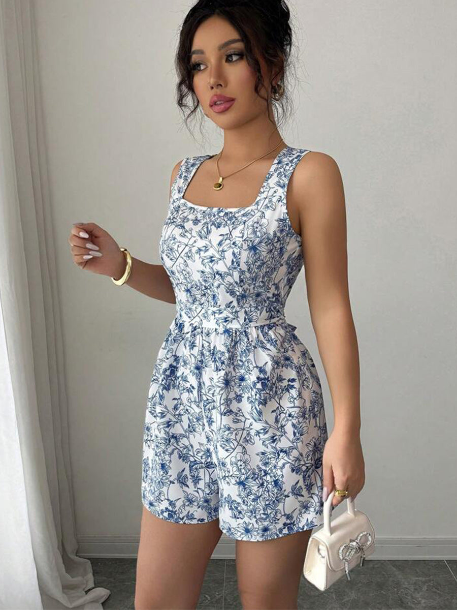Cardydony Women's Blue Floral Romper with Belt | Sleeveless Summer Romper for Women