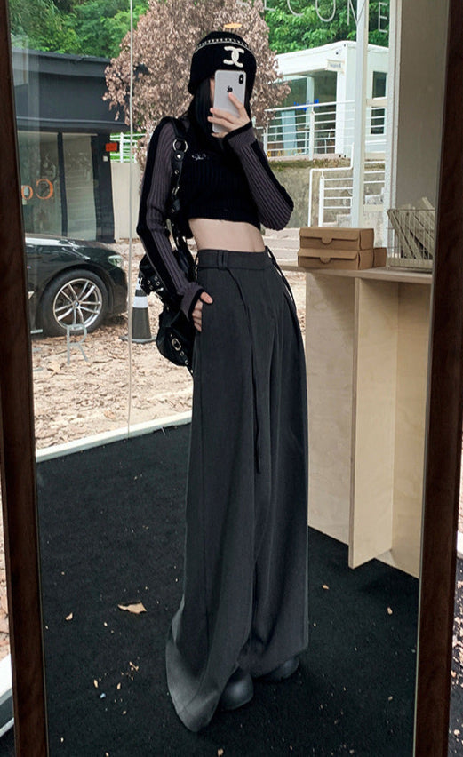 Cardydony Women's High Waist Wide Leg Trousers in Black & Gray | Lightweight Drawstring Summer Pants