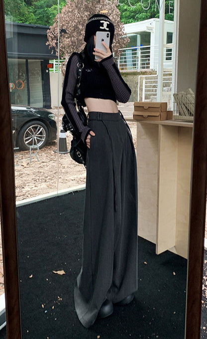 Cardydony Women's High Waist Wide Leg Trousers in Black & Gray | Lightweight Drawstring Summer Pants