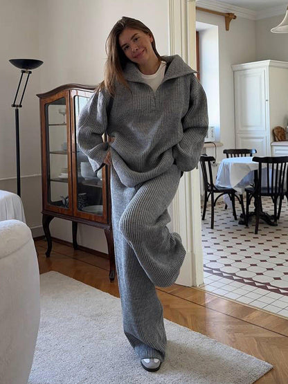 Cardydony Women's Women's Knit 2 Piece Set – Half Zip Sweater and Wide Leg Pants