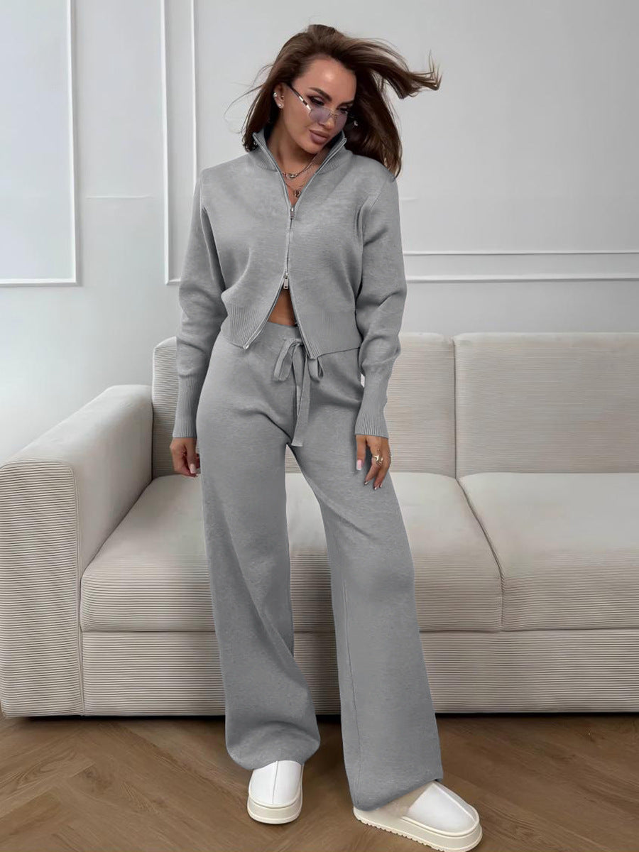 Cardydony Women's Women's Knit 2 Piece Set – Drawstring Wide Leg Pants with Zip Jacket Top