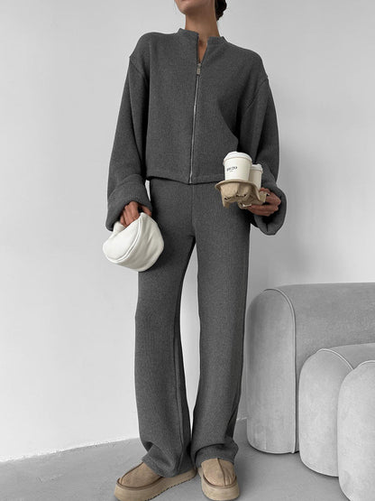 Cardydony Women's Women's Knit 2 Piece Set – Zip Jacket and Wide Leg Pants Outfit