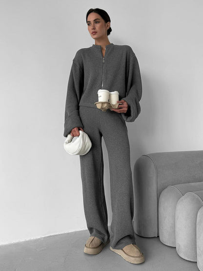 Cardydony Women's Women's Knit 2 Piece Set – Zip Jacket and Wide Leg Pants Outfit