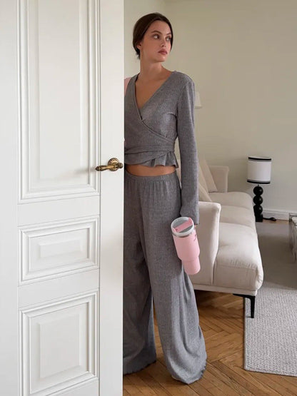 Cardydony Women's Gray Ribbed Knit Co Ord Set – Long Sleeve Crop Top & Wide Leg Pants