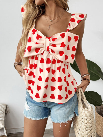 Cardydony Women's Red Heart Print Bow Top – Flowy Sleeveless Blouse for Summer Love Looks
