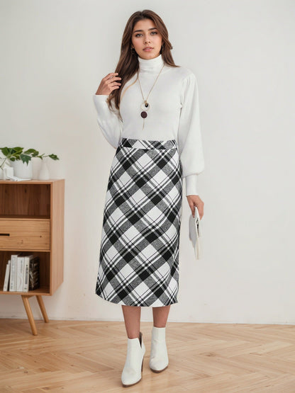 Cardydony Women's Black White Plaid High Waisted A-Line Skirt – Fall Midi Skirt