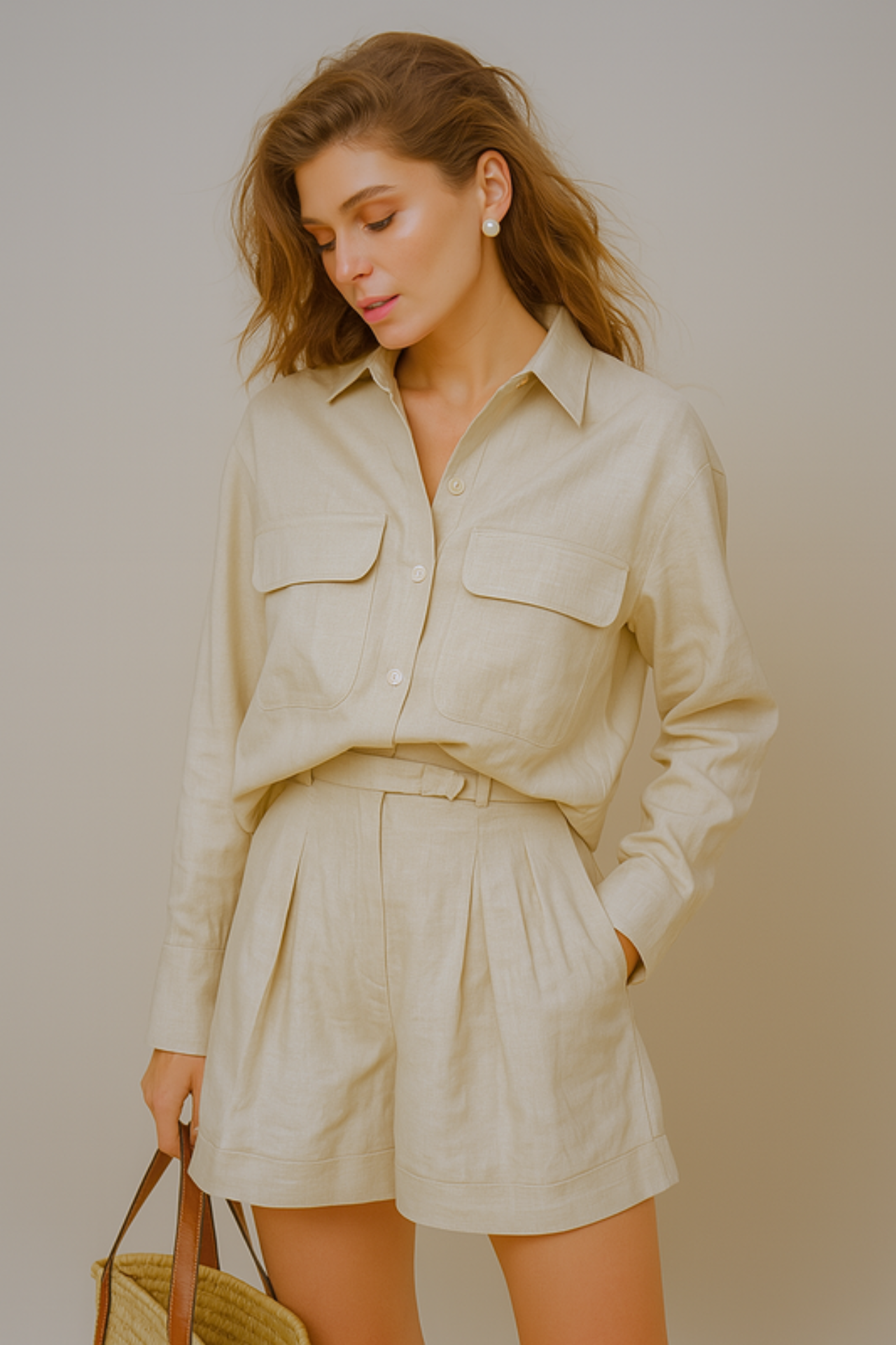Cardydony Women's Cotton Oversized Shirt and Shorts Set – Khaki 2-Piece Summer Outfit