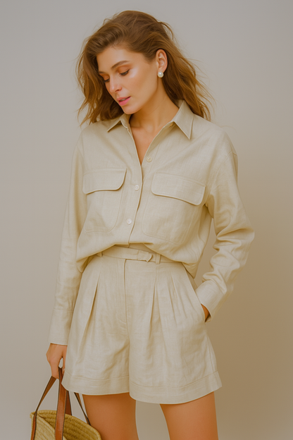Cardydony Women's Cotton Oversized Shirt and Shorts Set – Khaki 2-Piece Summer Outfit