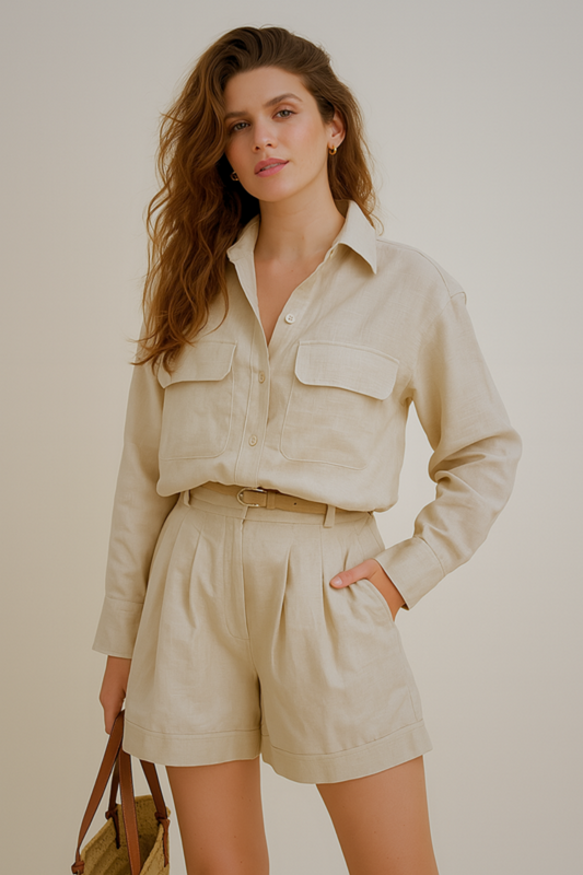 Cardydony Women's Cotton Oversized Shirt and Shorts Set – Khaki 2-Piece Summer Outfit